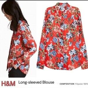 H&M floral collared button down polyester blouse, size 4